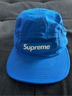 Supreme Raised Logo Patch Camp Cap Blue Nylon Hat Box logo Small Medium 2018